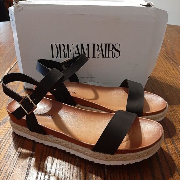 New 9.5 Dream Pairs Black PU Sunna Espadrille Casual Flatform Wedge Shoes Sandal - Picture 7 of 13